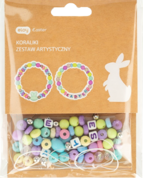 Eloy Easter zestaw DIY: pastelowe koraliki i literki do bransoletek, z króliczkiem na opakowaniu. Widok z przodu.