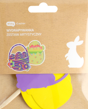 Wydrapywanka Eloy Easter w brązowym opakowaniu, zestaw artystyczny z kolorowymi wzorami świątecznych jaj i zającem.