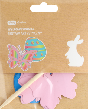 Zestaw artystyczny do wydrapywania EMOY Easter z różowymi motylami i drewnianym stylusem, na brązowym tle.