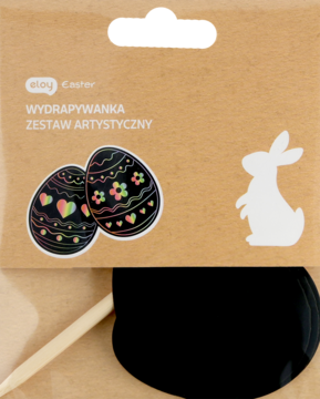 Zestaw Eloy Easter wydrapywanka: dwa czarne jajka z tęczowymi wzorami i biały królik na brązowym opakowaniu.
