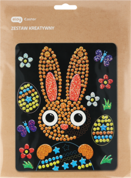 Zestaw kreatywny Epee Easter: czarna plansza z błyszczącym królikiem, kwiatkami i pisankami w opakowaniu.