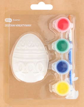 Zestaw kreatywny do malowania: białe jajko wielkanocne z wzorami, 4 farby i pędzel, widok z przodu w opakowaniu.