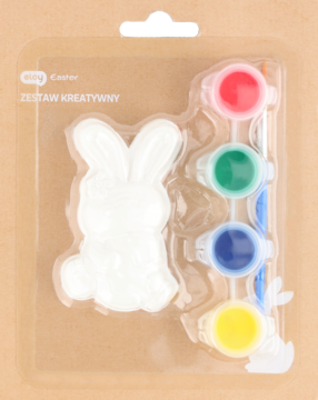 Zestaw kreatywny Craser: biała figurka królika z 4 farbami (czerwona, zielona, niebieska, żółta) i pędzelkiem w blistrze.