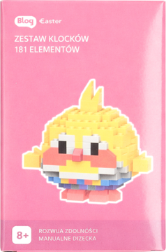 Zestaw klocków 181 elementów Blog Easter, różowe pudełko z figurką żółtego kurczaczka, widok z przodu.