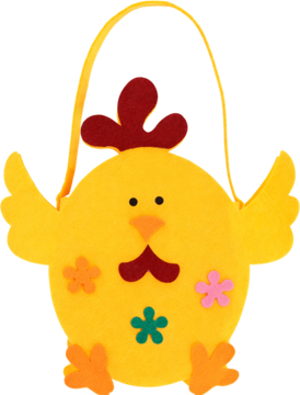 Żółta filcowa torebka-kurczak z uchwytem, czerwonym grzebieniem i kwiatkami, widok z przodu.