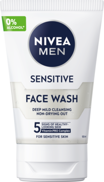 Męski żel do mycia twarzy NIVEA Sensitive w białej tubce, widok z przodu z zielonym znaczkiem 0% ALCOHOL.