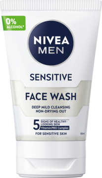 Męski żel do mycia twarzy NIVEA Sensitive w białej tubce, widok z przodu z zielonym znaczkiem 0% ALCOHOL.