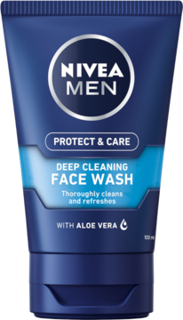 Granatowy męski żel do mycia twarzy NIVEA MEN Protect & Care z aloesem, widok z przodu tubki.