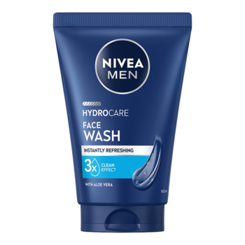 Granatowa tuba żelu do mycia twarzy NIVEA MEN HYDROCARE z aloesem, odświeżający, widok z przodu, lekko pod kątem.