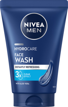 NIVEA MEN Hydro Care męski żel do mycia twarzy z aloesem, niebieska tubka, widok z przodu, odświeżający.