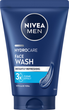 NIVEA MEN Hydro Care męski żel do mycia twarzy z aloesem, niebieska tubka, widok z przodu, odświeżający.