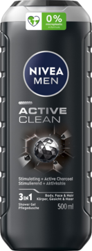 Nivea Men Active Clean 3w1 żel pod prysznic, ciemnoszara butelka 500ml z węglem aktywnym, widok z przodu.