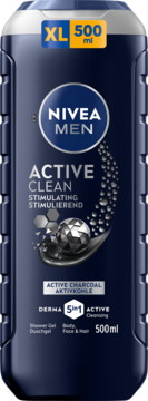 NIVEA MEN Active Clean żel pod prysznic 500ml z aktywnym węglem, ciemna butelka, widok z przodu.