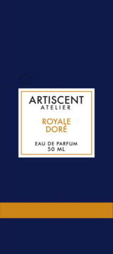 ARTISCENT ATELIER Royale Dore, Eau de Parfum 50 ml, etykieta na ciemnoniebieskim tle ze złotym paskiem.
