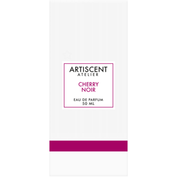 Białe opakowanie perfum ARTISCENT ATELIER CHERRY NOIR, 50 ml, z fuksjowym akcentem, widok z przodu.