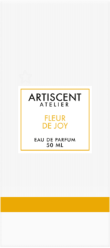 Białe opakowanie Artiscent Atelier Fleur De Joy Eau de Parfum 50ml, żółta ramka i paski, widok z przodu.