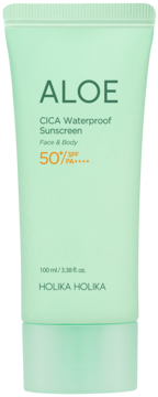 Jasnozielona tuba Holika Holika Aloe Cica Waterproof Sunscreen SPF 50+ PA++++, widok z przodu.