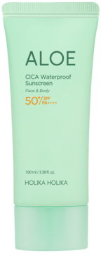 Jasnozielona tuba Holika Holika Aloe Cica Waterproof Sunscreen SPF 50+ PA++++, widok z przodu.