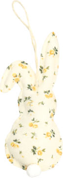 Pluszowy króliczek wielkanocny, kremowy w żółte róże, z puszystym ogonkiem i sznurkiem do zawieszenia, widok z przodu.