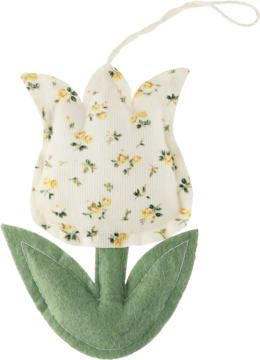 Miękki, dekoracyjny tulipan z tkaniny, biały w żółte kwiatki, zielona łodyga z filcu, pętelka do zawieszenia.