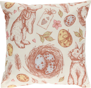 Kremowa poduszka dekoracyjna z wielkanocnym wzorem: króliki, pisanki, gniazdo i pióra w pastelowych kolorach, stylizowana na rysunek.