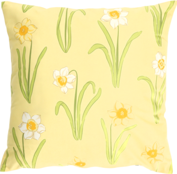 Jasnożółta poduszka dekoracyjna z wzorem białych żonkili i zielonych liści, widok z przodu na całą powierzchnię.