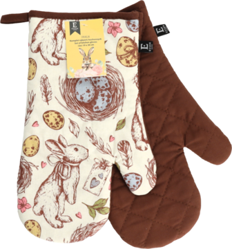 Wielkanocne rękawice kuchenne. Kremowa z wzorami zająców, gniazda z jajkami i piórami. Z tyłu brązowa pikowana.