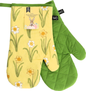 Dwie łapki kuchenne: jedna żółta w biało-żółte żonkile z metką z zającem, druga zielona, pikowana.