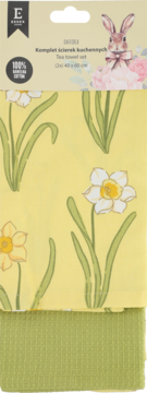 Zestaw 2 ścierek kuchennych EGER: żółta w żonkile, zielona waflowa. Widok z przodu w opakowaniu z zającem.