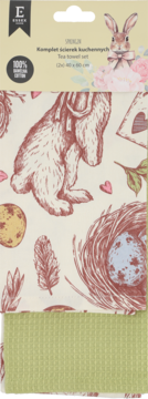 Zestaw 2 ściereczek kuchennych. Jedna beżowa z zającem, pisankami i gniazdem, druga zielona waflowa. Widok z przodu.