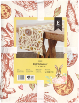 Opakowanie bieżnika EIGSIR, wzór wielkanocny z zającami i jajkami, beżowy, widok na runner na drewnianym stole.