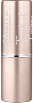Alterra Pomadka Touch of Colour z ceramidami, sztyft rose gold z metalicznym wykończeniem, widok z przodu.
