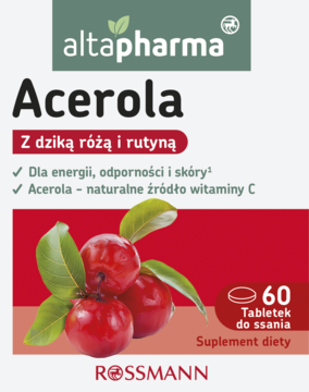 Opakowanie suplementu altapharma Acerola, 60 tabletek do ssania z dziką różą i rutyną, biało-czerwone z owocami, widok z przodu.