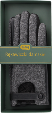 Szare filcowe rękawiczki damskie z czarnymi skórzanymi detalami w otwartym zielonym pudełku, widok z przodu.