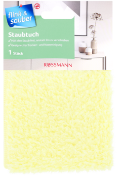 Żółta, puszysta ściereczka do kurzu Flink & Sauber Rossmann, w zielono-białym opakowaniu, widok z przodu.
