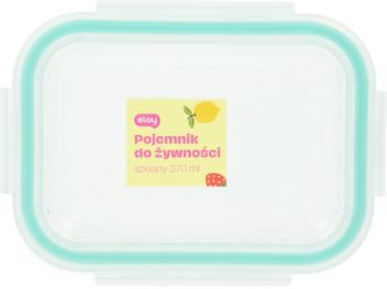 Przezroczysty pojemnik na żywność z miętową uszczelką i klipsami, z etykietą "Pojemnik do żywności", widok z góry.