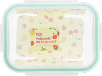 Prostokątny pojemnik na żywność z przezroczystą pokrywką, miętową uszczelką i owocowym wzorem, widok z góry.