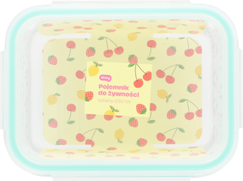 Pojemnik do żywności z przezroczystą pokrywką z miętowym brzegiem i wzorem w wiśnie i cytryny, widok z góry.