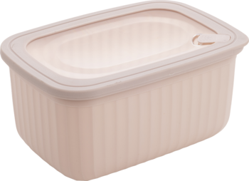 Jasnobeżowy, prostokątny pojemnik na żywność z ryflowanymi bokami i przezroczystą pokrywką, widok z góry.