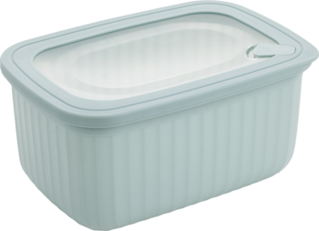 Prostokątny pojemnik na żywność w kolorze miętowym, z prążkowanymi bokami i przezroczystą pokrywką z zaworem, widok z góry.