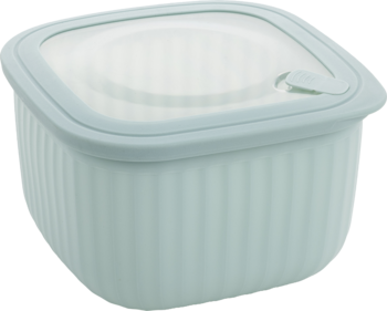 Kwadratowy pojemnik na żywność w pastelowym błękicie z ryflowanymi bokami i przezroczystą pokrywką, widok z góry.