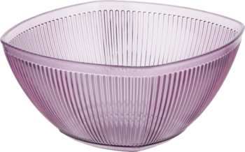 Różowa, przezroczysta miska plastikowa z pionowymi żłobieniami, widok z góry, idealna do sałatek.