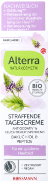 Ujędrniający krem na dzień Alterra Bakuchiol Peptide bezzapachowy, białe opakowanie, widok z przodu.