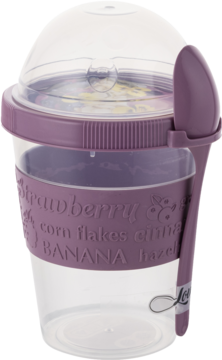 Przezroczysty pojemnik na jogurt i musli, fioletowa pokrywka, zintegrowana łyżeczka, dwukomorowy.