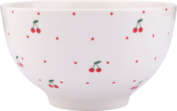 Biała, ceramiczna miseczka z motywem czerwonych wisienek i rozsianych kropek, widok z boku.