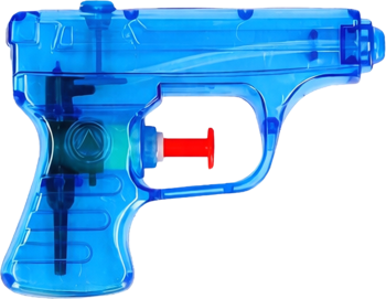 Mały, przezroczysty niebieski pistolet na wodę z widocznym mechanizmem i czerwonym spustem, widok z boku.