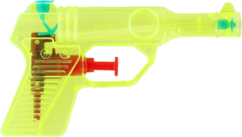 Przezroczysty, neonowo-żółty pistolet na wodę z widocznym czerwonym spustem i mechanizmem, widok z boku.