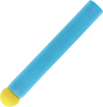 Długa piankowa strzałka do pistoletu zabawkowego, niebieska z żółtą miękką końcówką, widok z boku.