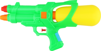 Duży zielony pistolet na wodę z żółtym zbiornikiem, czerwonymi końcówkami i dwoma dyszami, widok z boku.