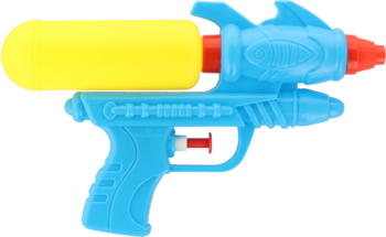 Niebieski pistolet na wodę z żółtym cylindrycznym zbiornikiem i czerwonymi końcówkami, ujęcie z boku.